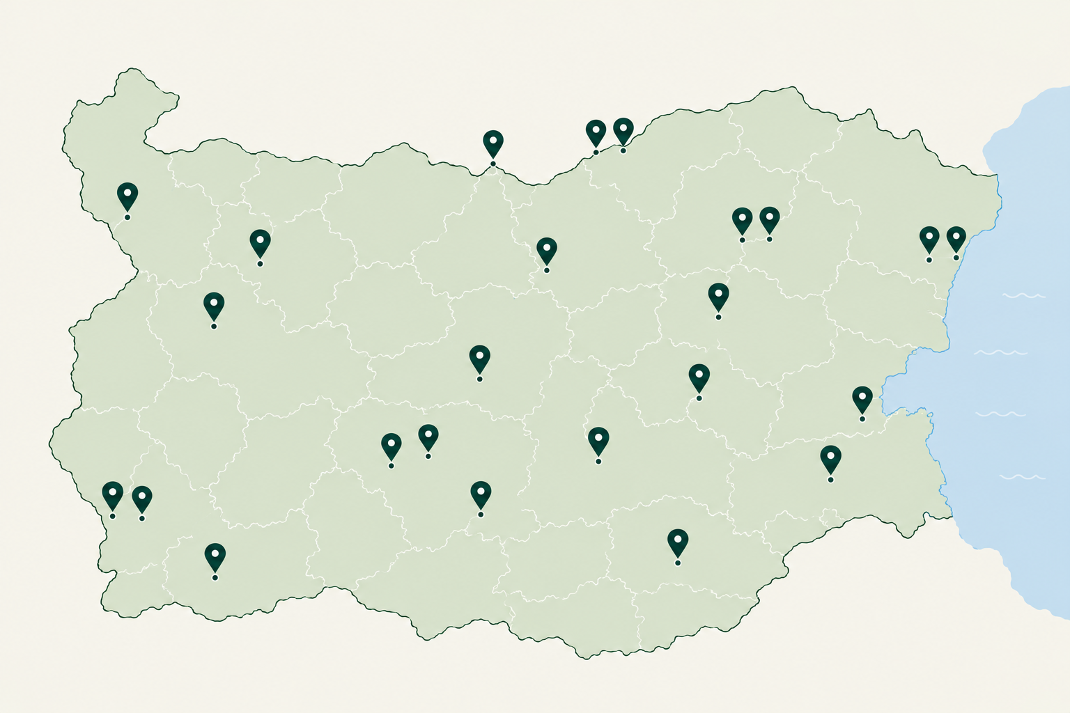 Map of Bulgaria showing the 25 OMV locations carrying Box from Bulgaria products
