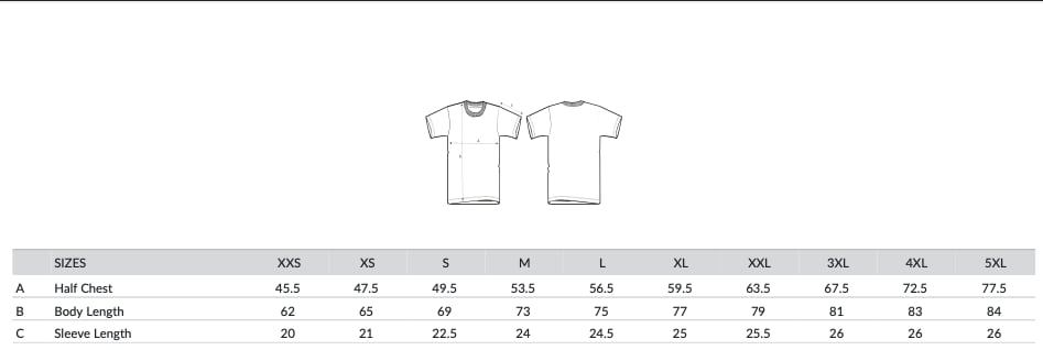 T-shirt size chart from XXS to 5XL with chest, body length and sleeve measurements